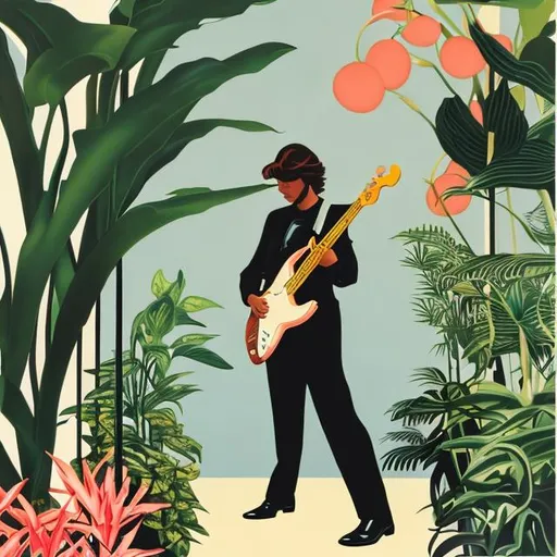 Prompt: vintage bass guitar player surrounded by plants with face obscured in style of Hiroshi Nagai painting