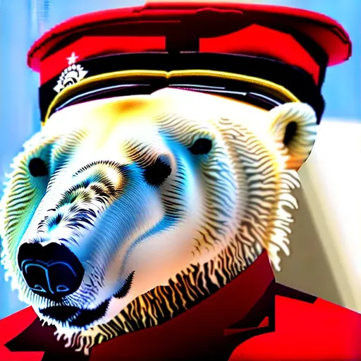 Prompt: a close up portrait of a polar bear wearing a captain's hat and a captain's suit and not a very detailed picture