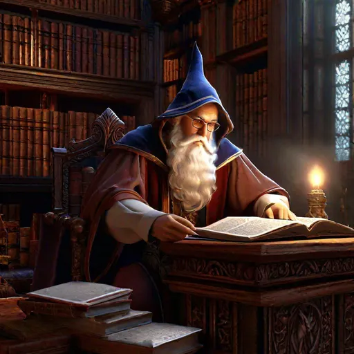 Prompt: D&D wizard in a study, highly detailed, professional, render, Sharp focus, HD, UHD, HDR, hyper realistic 