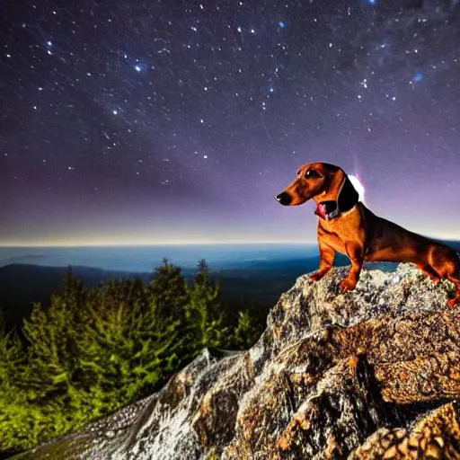 Prompt: a sausage dog climbing a very tall mountain at night and during a thunder storm 