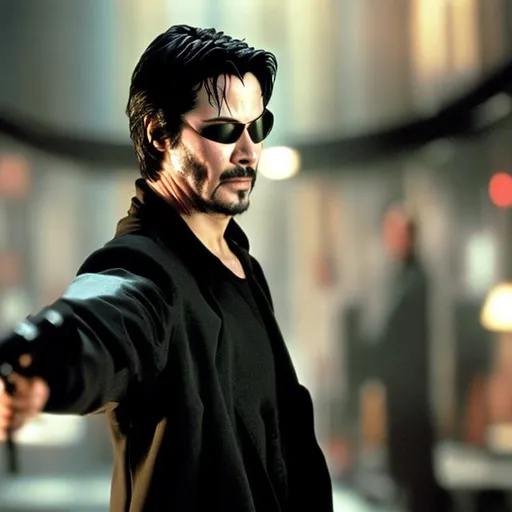 Prompt: Neo from the Matrix with a thick mustache played by age 35 keanu Reeves with a thick Mustache.