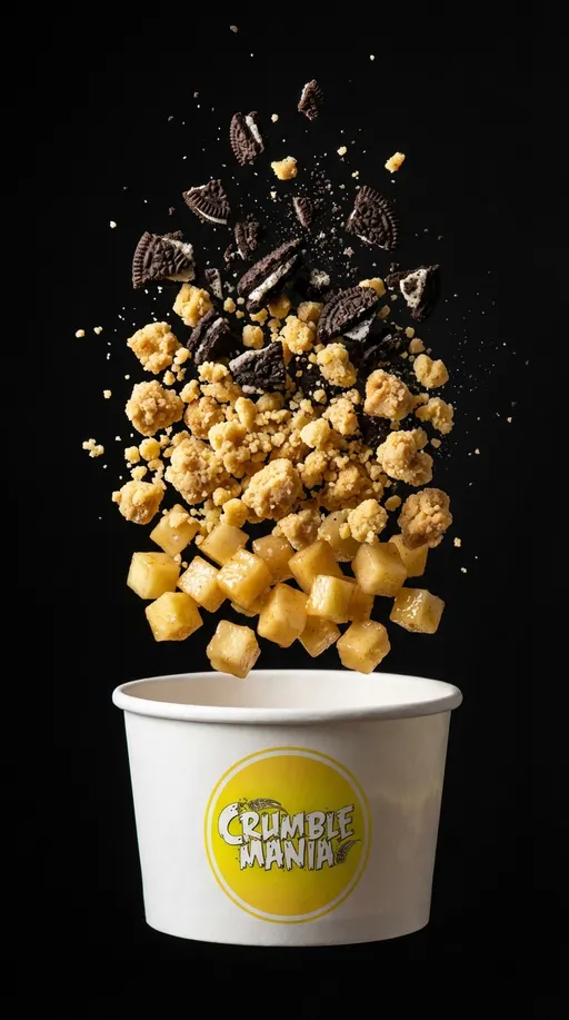 Prompt: ltra-realistic, high-end food editorial photography of a deconstructed apple crumble dessert frozen mid-air, arranged in a clean vertical falling composition.
At the bottom: a white paper dessert cup with the Crumble Mania logo placed inside a bold yellow circle, logo sharp, centred, and undistorted on the front of the cup.
Above the cup, ingredients rise vertically in distinct layers:
– finely diced, small apple cubes (bite-size, glossy, evenly cut, significantly smaller than crumble pieces)
– a dominant, abundant crumble layer with chunky golden crumbs, dense texture, and visible buttery granules
– large quantities of smashed Oreo pieces, broken irregularly, visibly more Oreo than apple, scattered throughout the crumble layer
– fine crumbs and Oreo dust suspended naturally in the air
The composition is crumble-forward: crumble and Oreo visually outweigh the apple layer, which acts as a subtle base texture rather than the focus.
Ingredients appear separated, floating, and vertically aligned, not mixed or piled, as if captured at the peak of a slow-motion fall.
Background is deep matte black, completely clean with no gradients or reflections.
Lighting is dramatic studio lighting from above, creating sharp highlights, deep shadows, and crisp texture definition on crumble, Oreo, and apple surfaces.
Shot in macro food advertising style, ultra-sharp focus, realistic gravity, high contrast, luxury dessert campaign quality.

NEGATIVE PROMPT:
large apple chunks, oversized apple pieces, apple dominant composition, minimal crumble, minimal Oreo, mixed dessert, stirred textures, ice cream, whipped cream, spoon, hands, table, café scene, background props, angled cup, tilted composition, warped logo, text distortion, extra cups