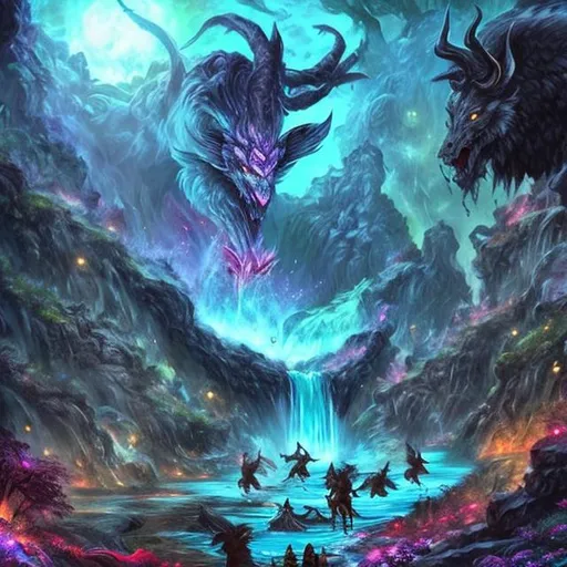 Prompt: Epic beautiful mythical animals near a waterfall next to a pond surrounded by bright colorful flowers at night under a full moon at night dungeons and dragons style 