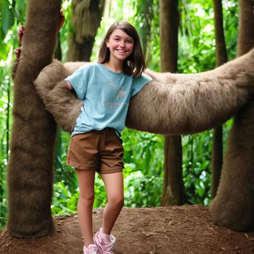 Prompt: 11 year old girl with short brown hair, brown eyes , baggy shirt and shorts riding a giant sloth