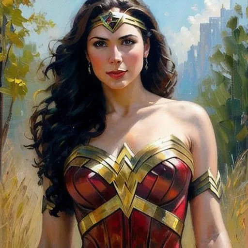 Prompt: Please produce a painting of Wonder Woman, pin-up, sci-fi, diesel punk, very detailed, realistic, figurative painter, fine art, Oil painting on canvas, beautiful painting by Daniel F Gerhartz