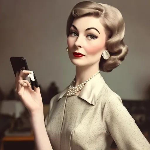 Prompt: Create an image of a stylish woman in her early 60's, dressed in elegant vintage attire from the 1960s. She should be holding an iPhone to her ear and engaged in a phone conversation. The setting should evoke the ambiance of the early 1960s with retro elements such as vintage furniture and decor. The woman's expression should be cheerful and sophisticated, capturing the essence of the era while seamlessly incorporating the modern-day iPhone into the scene.