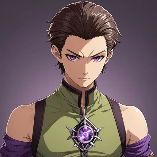 Prompt: anime. young man with short brown hair slicked backwards. quarter elf. gremlin energy. fantasy  outfit. purple eyes