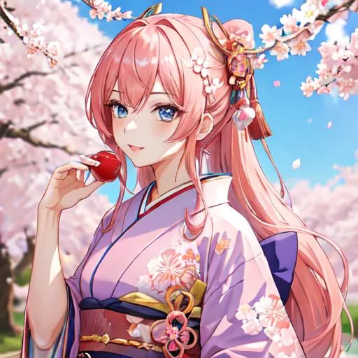 Prompt: Japan as a female human, 8k, UHD,  highly detailed, pink hair, blue eyes, wearing a kimono, under the cherry blossom trees, close-up
