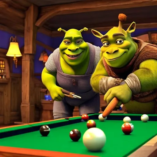 Prompt: Shrek and donkey playing pool 