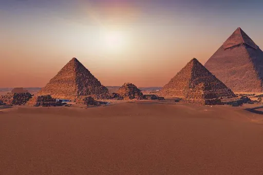 Prompt: Man stand and see, 3 pyramids of giza,desert,sunset,high detail,4k