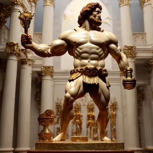 Prompt: make a white marmer and gold statue of hercules that is very muscular