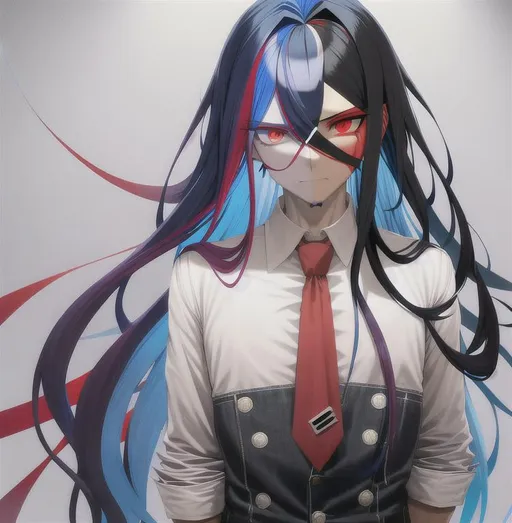 Danganrompa male, dark blue hair, red eyes, dark-ski...