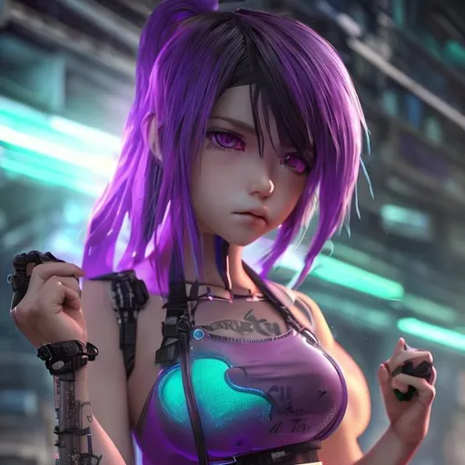 Prompt: 4k high resolution cgi anime cyberpunk style, 18 year old petite Thai female, thick body build, small chest, bare belly and low cut green halter top, light purple eyes