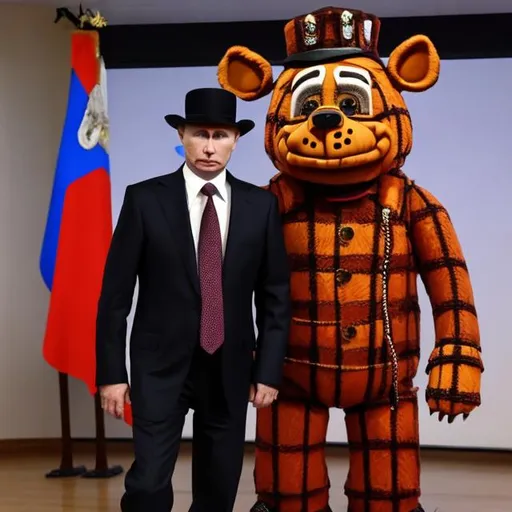 Prompt: Vladimir Putin dressed as Freddy Fazbear