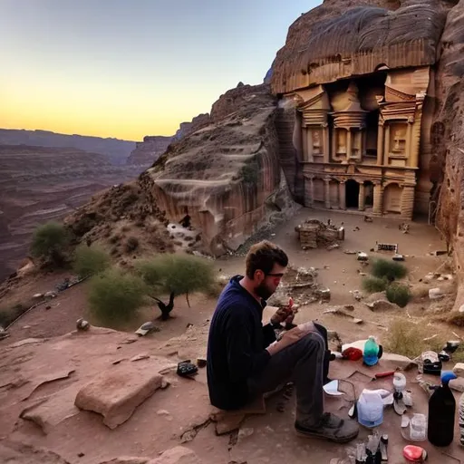Prompt: smoking meth on a hillside overlooking the ancient site of Petra, Jordan 