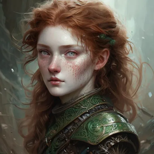 Prompt: Closeup face portrait of a battle worn 15th century scottish lady with red hair and green eyes smooth soft skin, small shallow eyes, beautiful intricate colored hair, symmetrical, detailed face, by Gustave Dore, stanley artgerm lau, wlop, rossdraws, concept art, digital painting, looking into camera