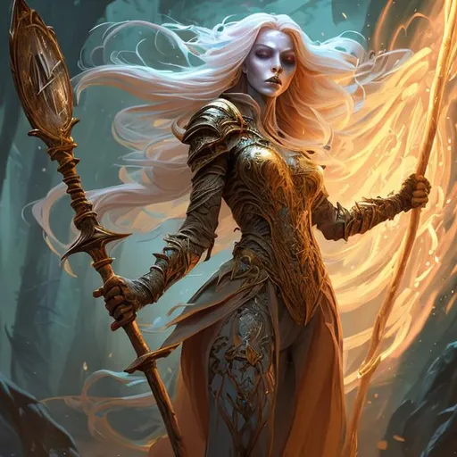 Prompt: Full body splash art of a female undead sorceress casting a spell, very long golden honey-colored hair with a fringe, wearing long light-colored iridescent pastel robes, carrying a wooden staff, heroic, D&D, fantasy, intricate, highly detailed, sharp focus, digital painting, oil painting, master piece, artstation, concept art, 4k, 8k