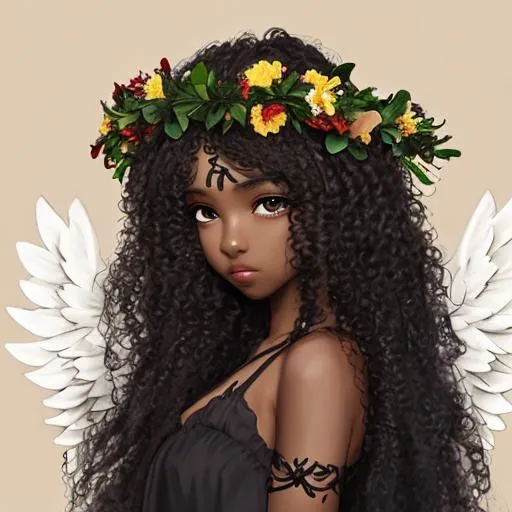 Prompt: Girl, Long curly hair, black eyes, black skin, angel wings, flower crown 