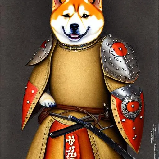 Prompt: A highly detailed painting of a dog, Shiba Inu, armor, medieval, hunting, centered, digital painting