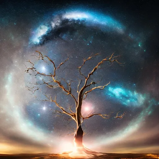 Prompt: Tree of light,  one tree, universe, lonely, galaxy on the sky, gravity pulling down asteroids shining bright, lightning lighting the scene, electric tree, asteroids, ray-tracing, 8k, hq, 