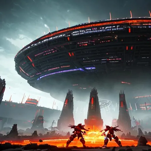 Prompt: 8k portrait of two aggressive futuristic gladiators fighting to the death, with cyber swords, in a huge thunder dome like battle colosseum,  with huge crowd, cinematic perspective concept art, sci fi style art, ibackground, .obj file, high quality render, ultrarealistic, cinematic style, xfiles, deviantart rendered in unreal engine 5, intricate details