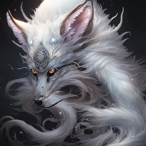 Prompt: Uhd, Hyperrealistic, detailed kitsune partially shrouded in shadow, peers sweetly with vivid blue glowing eyes, silky white fur, long white flowing hair, sharp long nails in traditional geisha garb