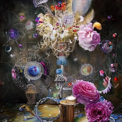 Prompt: painted still life beautiful flowers by ambrosius bosschaet!!!!!, floating in the sky, daniel merriam art, muted colors, hyper realistic soft focus feathers, fantasy steampunk, spiral staircase, vintage pocketwatch, , ambrosius bosschaert art, iridescent water drops,  crystal chandelier drops, glitter sparkles, infinite depth, incredibly detailed, ultra realistic, high index of refraction, hyper realistic elegant smooth sharp clear edges, sharp focus, wide angle perspective, ultra realistic, sense of high spirits, volumetric lighting, occlusion, Unreal Engine 5 128K UHD Octane, fractal, pi, fBm