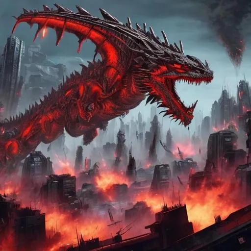 Prompt: Robotic dragon named ZEB RED, THE numbers 5011 on its left wing, destroys the futuristic city of landu.
The carnage is everywhere. 