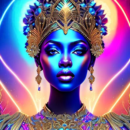 Prompt: intricate Art deco metallic goddess portrait, sparkling gown, blue eyes, brown skin, color, flowers, ornate, intricate, flowing, neon, led, fractals, hyper-detailed, 64K, UHD, HDR, unreal engine, vivid colors