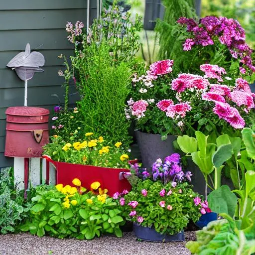 Prompt: ♦♦ garden, fence, mailbox, door, letterbox, front porch, porch, flower pots, pots, planter boxes, entryway, foyer, stool, garden bench, butterflies, bees, flowers, watering can, garden tools, hair flower, hair ribbon, pail, cowboy shot, 

■■ {{{{best quality, 8k resolution photography, artistic photography, photorealistic, masterpiece}}}}, 