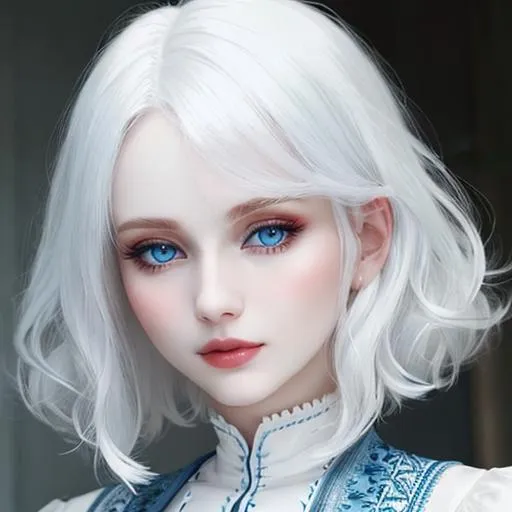 Prompt: A very pale  skinned woman, white hair , very blue eyes, closeup