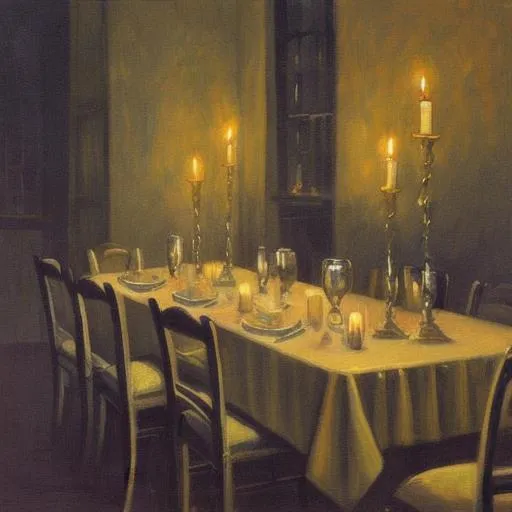 A painting of a table set for a candlelit dinner at... OpenArt