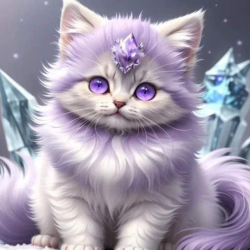 Prompt: (masterpiece, professional oil painting, epic digital art, best quality:1.5), tiny ((kitten)), ice elemental, silky silver-lilac fur covered in frost, timid, ((insanely detailed alert amethyst eyes, sharp focus eyes)), gorgeous 8k eyes, fluffy silver neck ruff covered in frost, two tails, (plump), extremely beautiful, fluffy chest, enchanted, magical, finely detailed fur, hyper detailed fur, (soft silky insanely detailed fur), presenting magical jewel, moonlight beaming, starry sky, frolicking in frosted meadow, grassy field covered in frost, cool colors, professional, symmetric, golden ratio, unreal engine, depth, volumetric lighting, rich oil medium, (brilliant auroras), (ice storm), full body focus, beautifully detailed background, cinematic, 64K, UHD, intricate detail, high quality, high detail, masterpiece, intricate facial detail, high quality, detailed face, intricate quality, intricate eye detail, highly detailed, high resolution scan, intricate detailed, highly detailed face, very detailed, high resolution