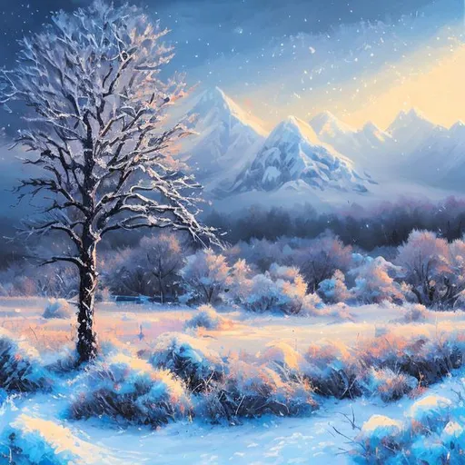 Prompt: Diamond blizzard over a snowy landscape in acrylic