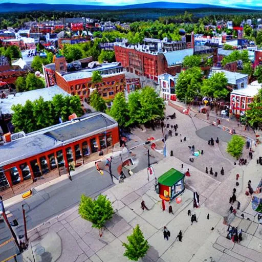 Prompt: viewing Central Square on Main Street, Keene NH in the year 2050 from a drone