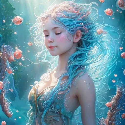 Prompt: Zoom in Portrait Very beautiful water nymph, Undine (Masterpiece), Closed eyes and smile, Schools of small fish, watery blue hair, (Masterpiece), fantastic sunlight, bubbles dancing on the water, very beautiful woman, fantasy, beautiful dancing pose, fantastic coral group background, realistic flowers and plants,, constellation-like design Dress, in water Shining blue hair, cinematic light, beautiful woman, beautiful eyes, long hair, perfect anatomy, very pretty, princess eyes, fantastic, stylised animation, bioluminescent, life size, 32K resolution, human hands, mysterious shape, graceful, almost perfect, dynamic angles, highly detailed, figure sheet, concept Art, smooth, symmetrical, balanced placement, fashion pose, 20s beauty, great hair, overhead space
