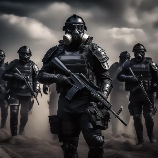 Prompt: Several modern roman military male in black military roman armor, and gas mask, last days in earth, Dark art, Hyperrealistic, sharp focus, Professional, UHD, HDR, 8K, Render, electronic, dramatic, vivid, pressure, stress, traumatic, dark.