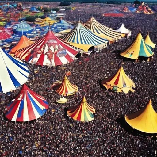 Prompt: Grateful Dead fair. massive circus tents millions of people
