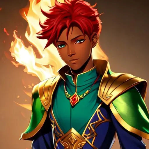 Prompt: A whole figure cute genasi male mage, he has a light african complexion, fire red hairs and emerald green eyes.
He wears a blue tunic and some gold Jewelry 
Well draw face, detailed.
D&d art, rpg art, 2d art, Magic the gathering art 