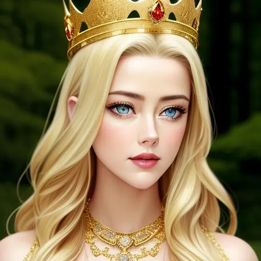 Prompt: cinematic portrait of gorgeous amber heard(beautiful eyes, symmetrical body, smiling, blonde, symmetric body, facing front toward camera) wearing golden dress, diamond jewelry, crown, soft light, in forest, realistic
