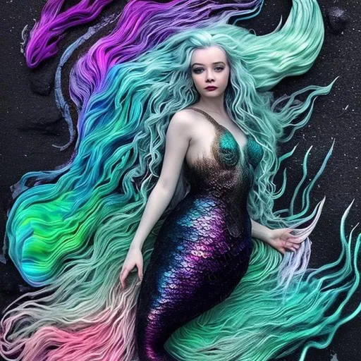 Prompt: A mystical mermaid with a tail that is coloured like an oil spill- black at first glance but when the light hits it there are rainbows