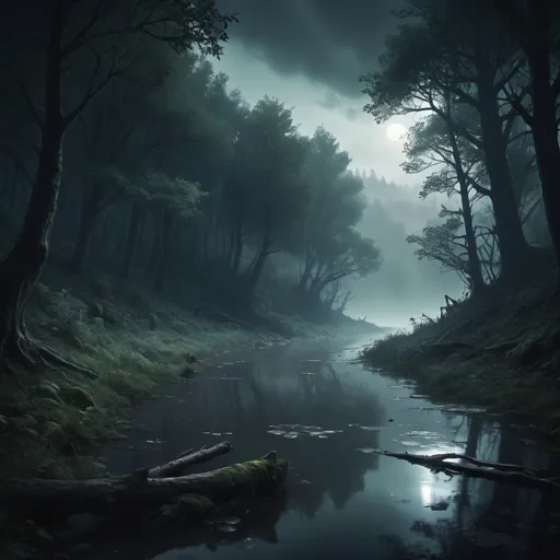 Prompt: Fantasy RPG style river seen in distance, in dark forest, eerie atmosphere, gloomy mood, weathered, mystical lighting, heavy mist, highres, realistic, fantasy RPG, eerie atmosphere, gloomy, weathered, detailed environment, mystical lighting, dynamic view, realistic reflections