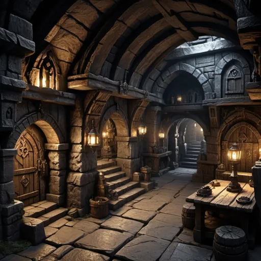 Prompt: Dwarven underground town in Warhammer fantasy RPG style, dark mood, eerie atmosphere, dimly lit, various randomly placed houses, realistic, detailed stone carvings, intricate metalwork, rugged dwarven architecture, atmospheric lighting, high quality, RPG style, fantasy, underground, dim lighting, detailed stone carvings, intricate metalwork, rugged architecture