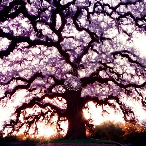 Prompt: a pretty oak tree covered with jewels and crystals,  Cinestill sample