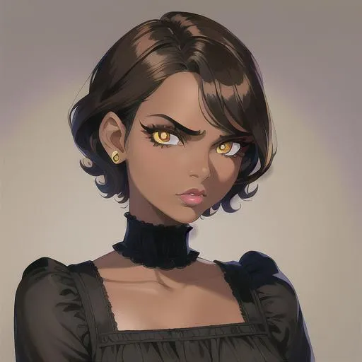 Prompt: (masterpiece, illustration, best quality:1.2), brown skin, mad face, detailed eyes, Victorian style, short straight hairstyle, black hair, devilish like yellow eyes, black eyelashes, wearing a white silky nightgown, best quality face, best quality, best quality skin, best quality eyes, best quality lips, ultra-detailed eyes, ultra-detailed hair, ultra-detailed, illustration, colorful, soft glow, 1 girl