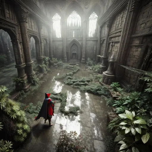 Prompt: wandering nomad wizard female, multilayred outfit, cloak and cape, intricate detail,  show old apocalyptic city wasteland overgrown by oppressive huge forest, vines, plants and roots growing, cracking through walls, 3d render,  high detail, 