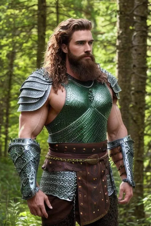 Prompt: male warrior, chain mail armor, ruggedly handsome, strong musculature, auburn, wavy hair and trimmed beard, forest green clothing. 