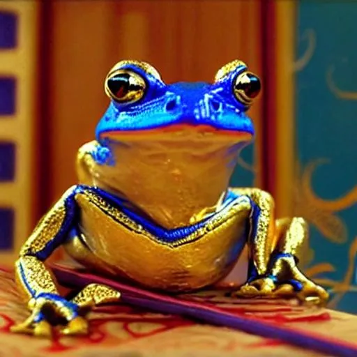 Prompt: venomous Costa Rica blue frog humanoid wearing a red silk kimono and gold hindu jewelry, carying a japanese bow and quiver with holy alien scriptutres in a japanesse Wes Anderson's movie 