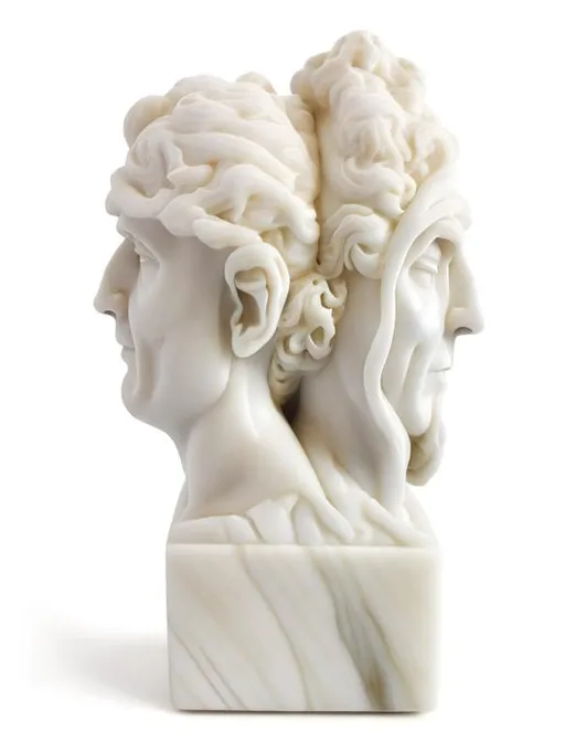 Prompt: white man portrait marble statue organic two headed