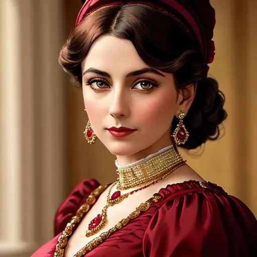 Prompt: Wealthy, stylish lady of the Victorian era, wearing ruby and gold jewelry, wearing ,facial closeup